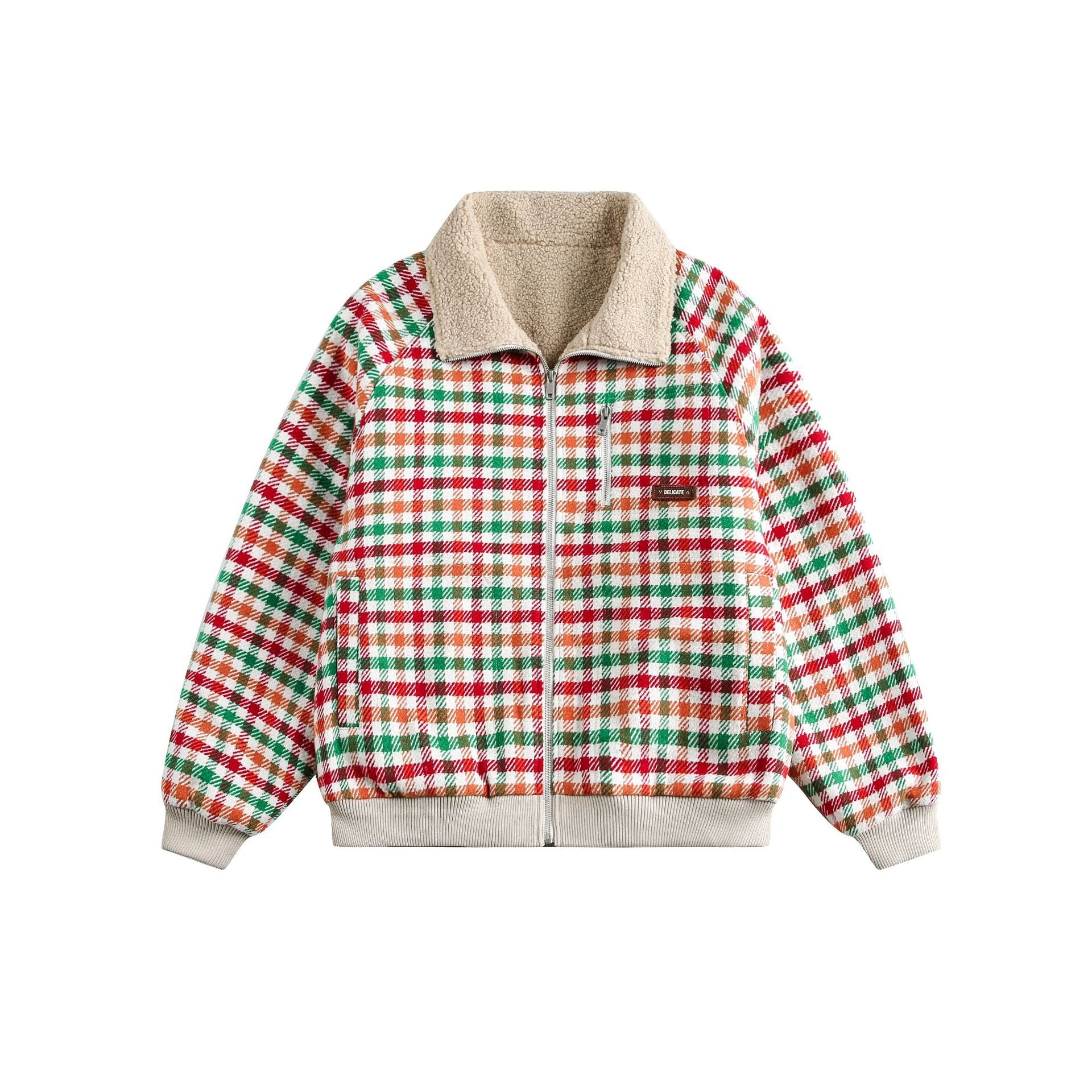 Women's Checkered Teddy Fleece Blouson in Boxy Cut with Stand Collar Chichicherry