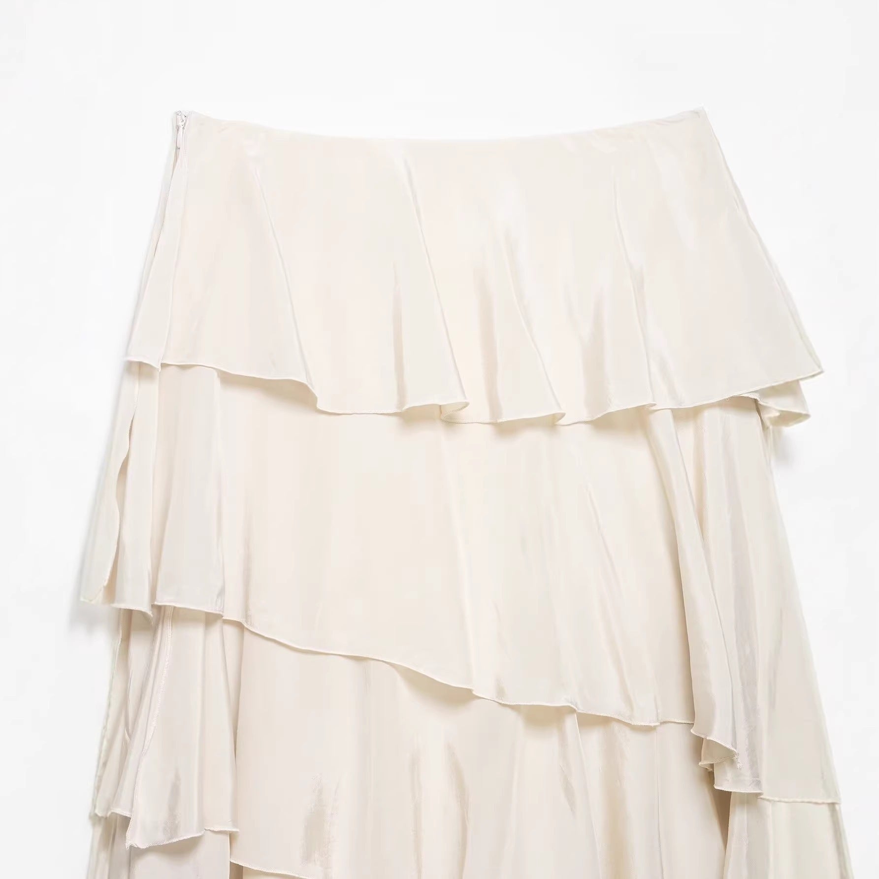 Women's Asymmetrical Tiered Skirt with Ruffles and Flowing Satin Fall Chichicherry