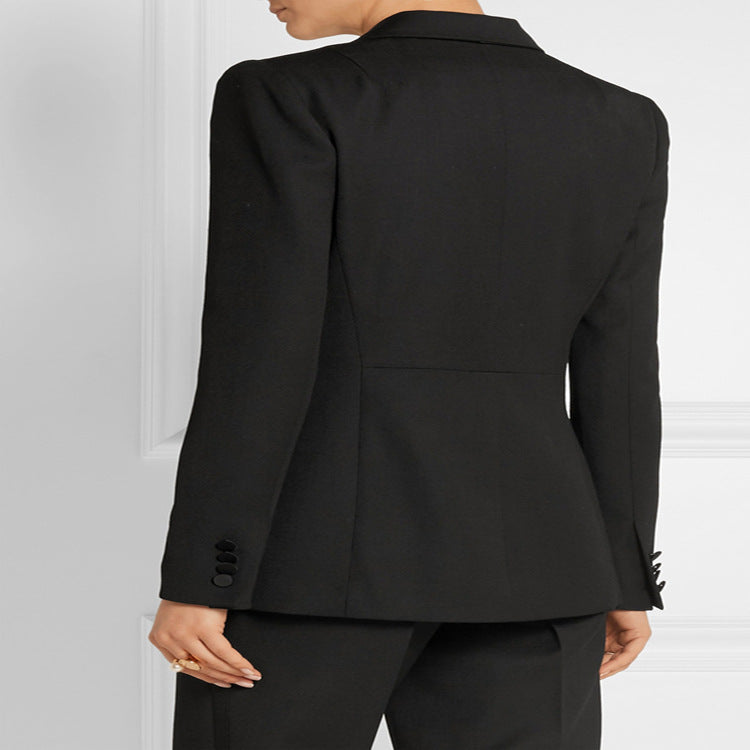 Women's Tailored Single-Button Blazer with Satin Trim and Contoured Seam Design Chichicherry