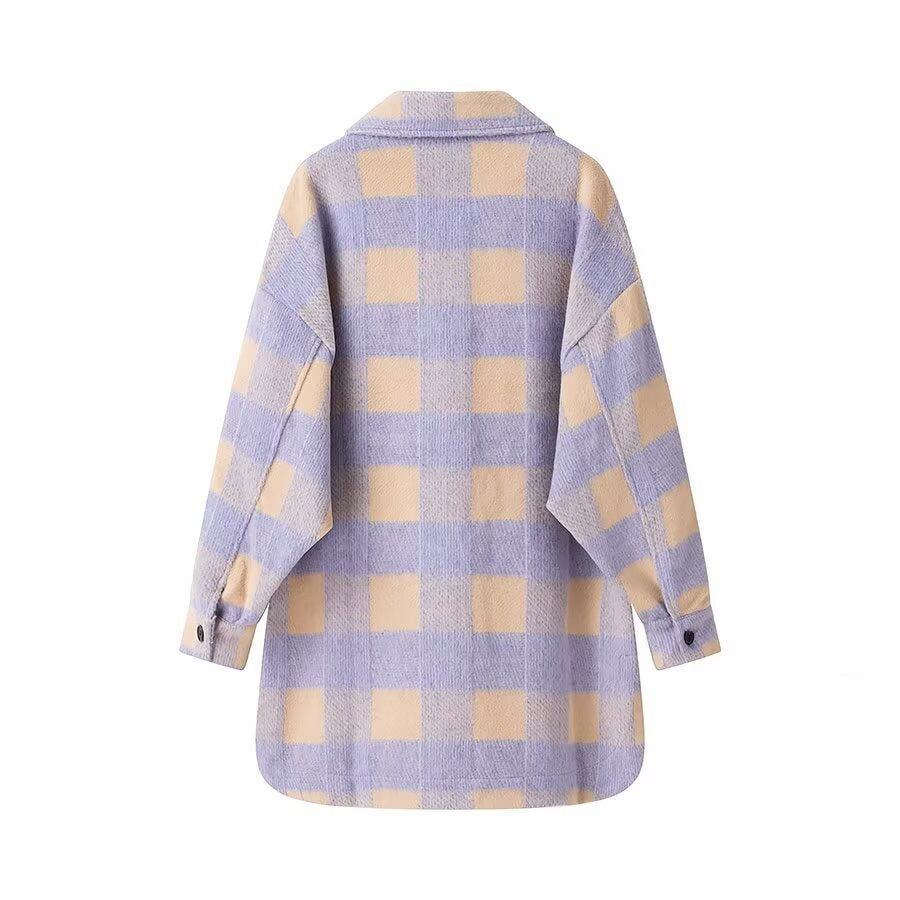 Women's Oversize Check Teddy Jacket with Extended Back and Patch Chest Pockets Chichicherry