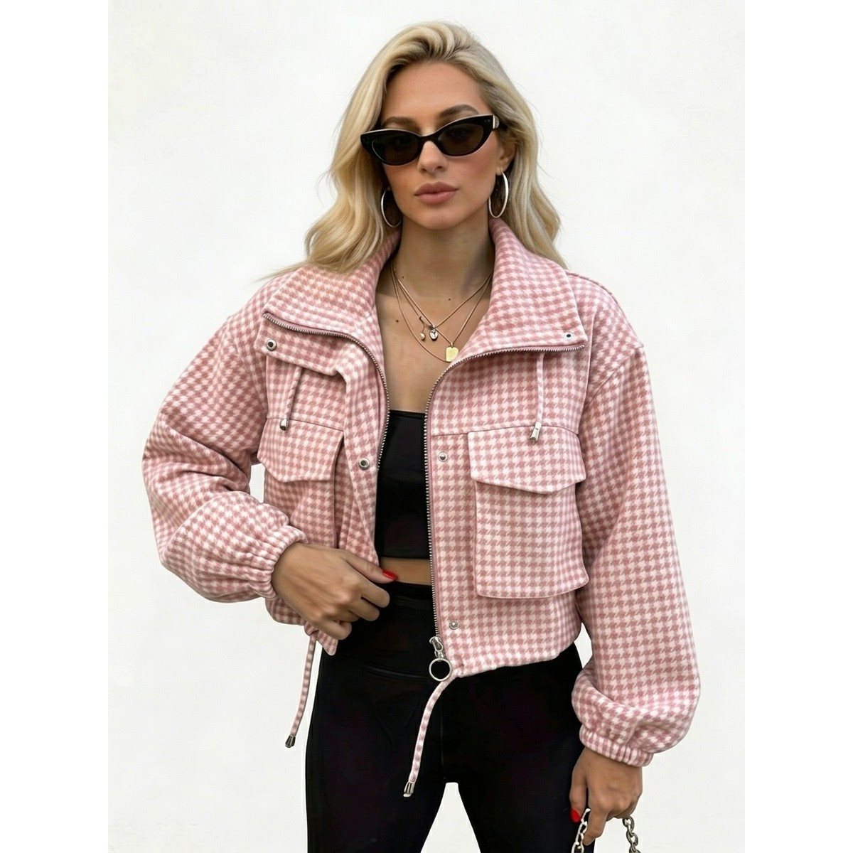 Women's Checkered Cropped Jacket with Stand Collar, Drawstring and Elastic Cuffs Chichicherry