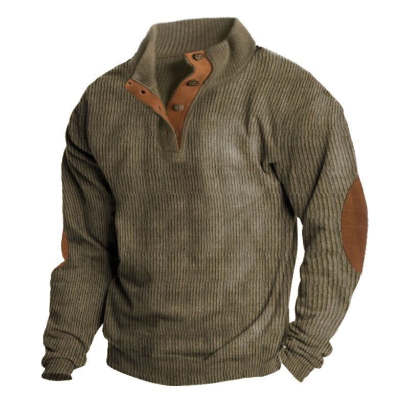 Men's Structured Sweater with Henley Button Placket, Elbow Patches and Two-Tone Block Chichicherry