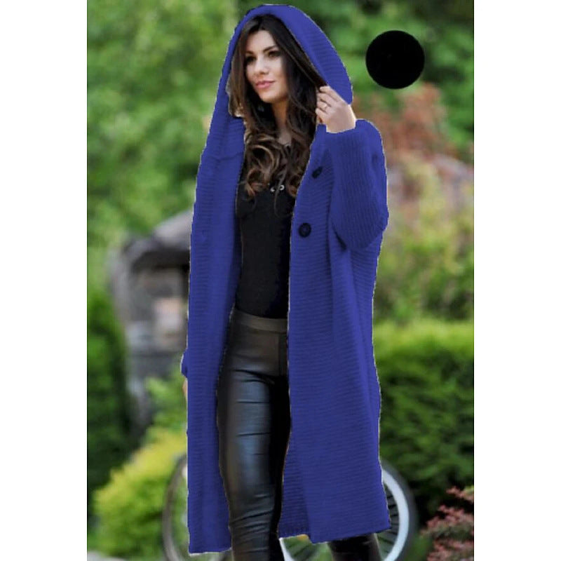 Women's Hooded Knit Coat with Oversized Cut and Button Placket Chichicherry