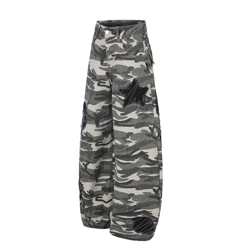Women's Wide Camouflage Palazzo Pants with Balloon Hem and Decorative Stitch Details Chichicherry