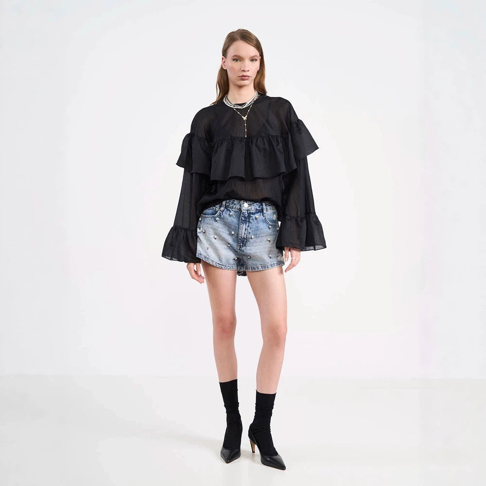 Women's Transparent Ruffle Blouse with Double Ruffle and Bell Sleeves Chichicherry