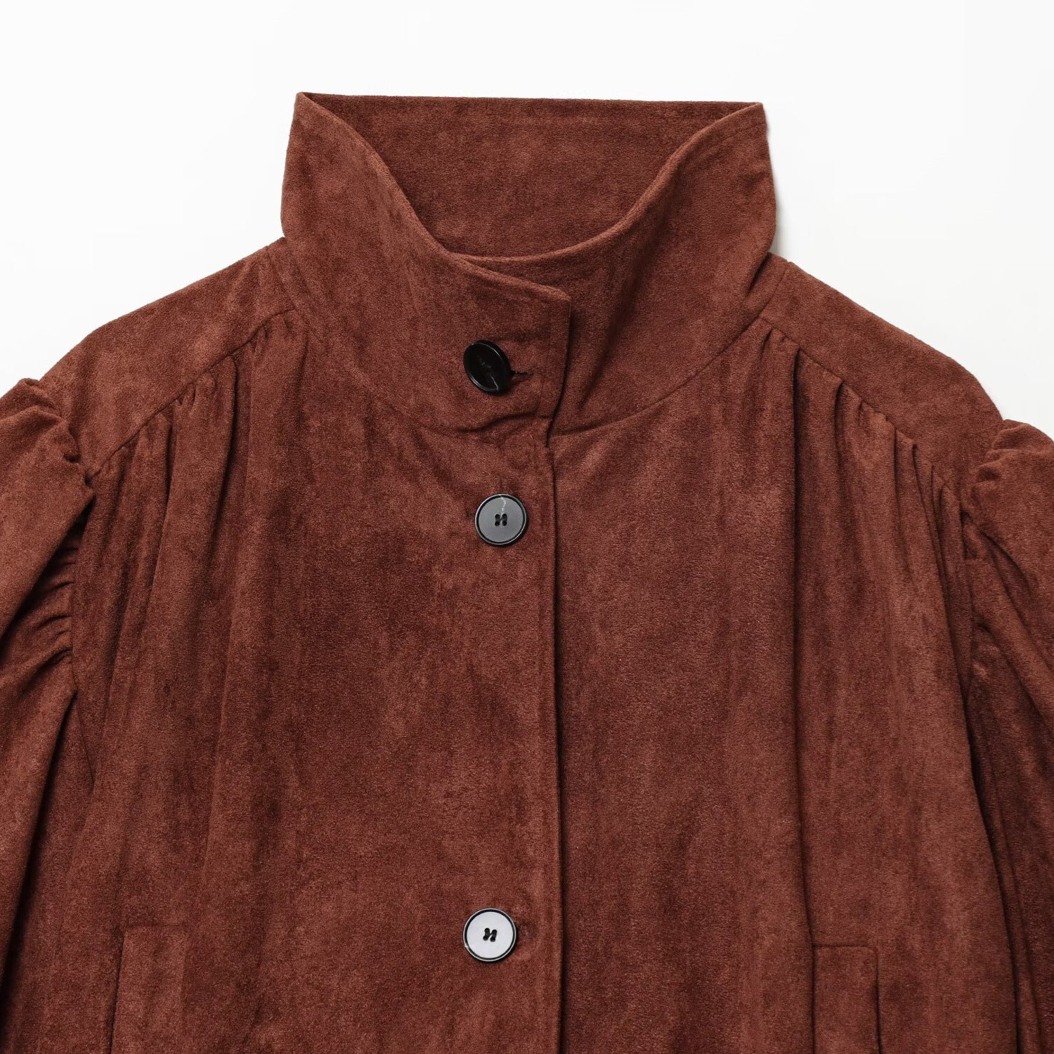 Women's short jacket made of faux suede with a stand-up collar, gathered balloon sleeves, and button placket Chichicherry