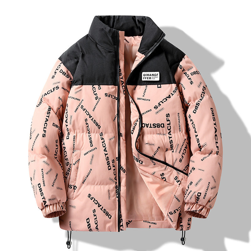 Men's Padded Quilted Jacket with Graphic Text Print, Stand Collar and Adjustable Hem Chichicherry