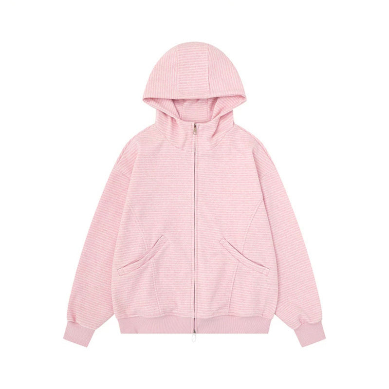 Unisex Striped Hooded Sweat Jacket with Zipper and Kangaroo Pockets Chichicherry