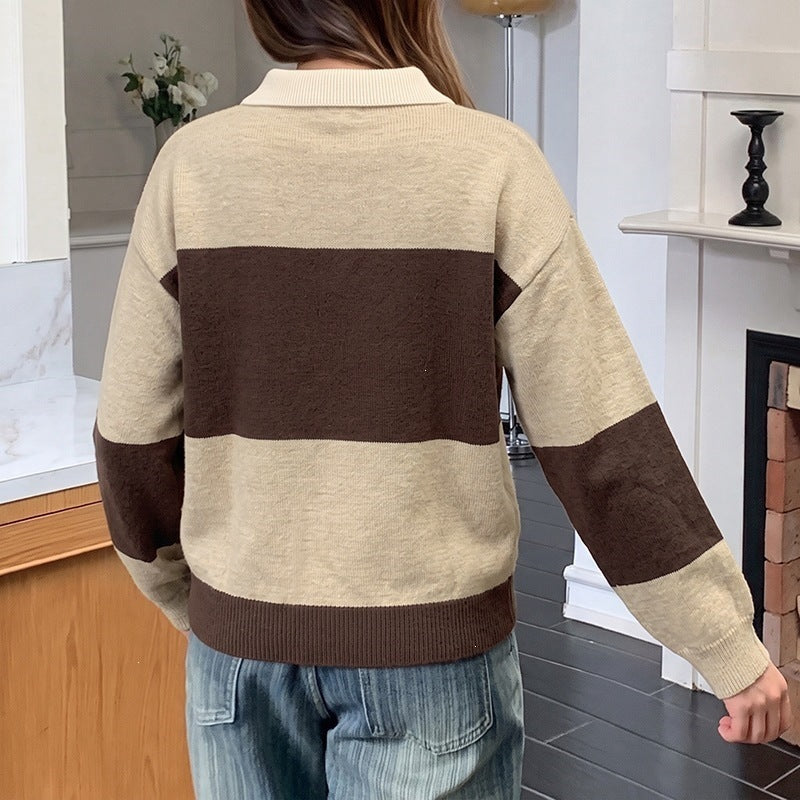 Women Striped Oversized Polo Knit Sweater with Button Placket and Ribbed Hem Chichicherry