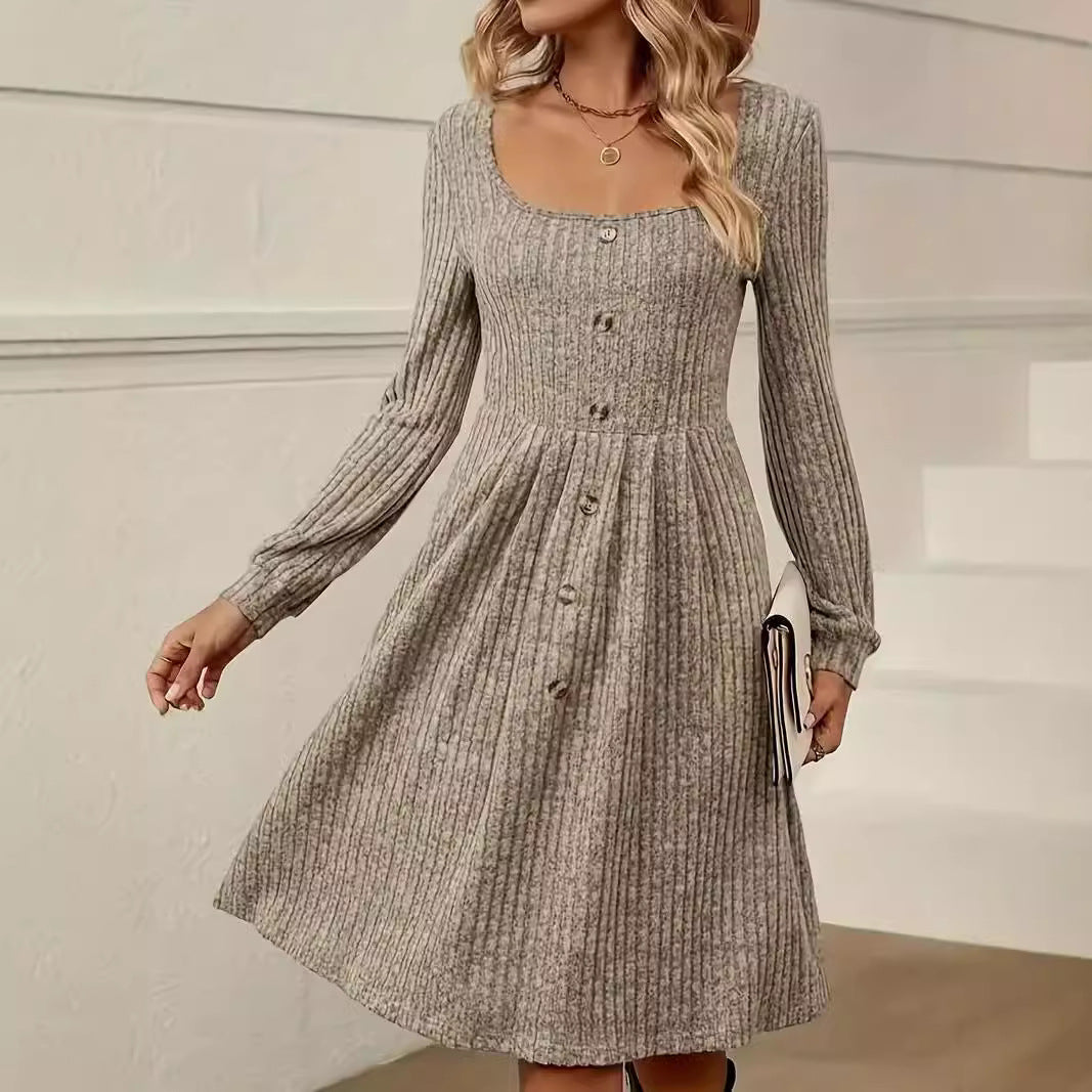 Women Tailored Ribbed Knit Midi Dress with Boat Neck and Decorative Button Placket Chichicherry
