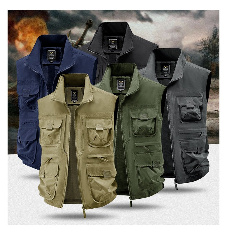 Men's Multi-pocket Utility Vest with High Collar, Zipper and Mesh Lining Chichicherry