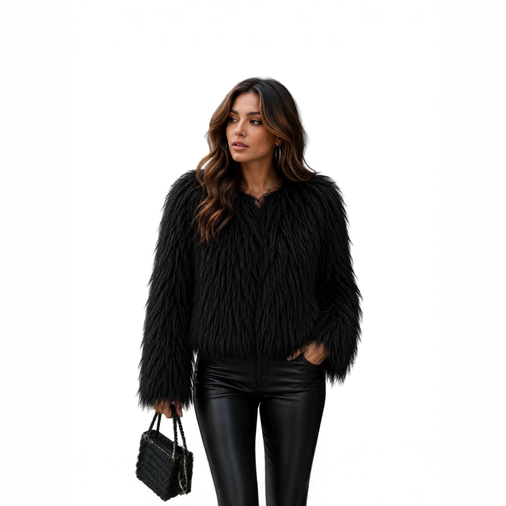 Women Short-Cut Shaggy Faux Fur Jacket with Round Neck, Extra Soft Long Hair and Casual Fit Chichicherry