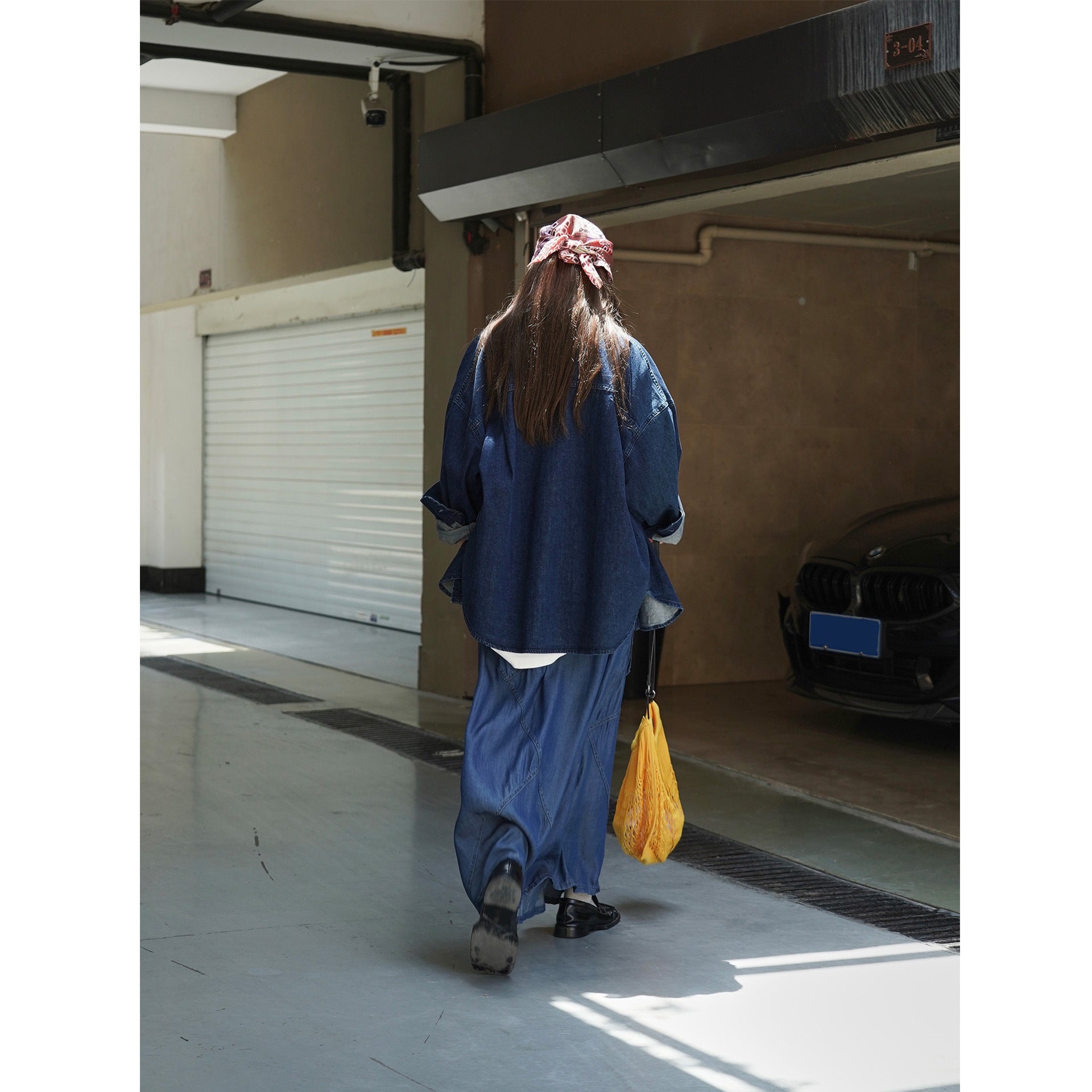 Women's Long Denim Maxi Skirt with Elastic Drawstring Waistband and Attached Cargo Pocket Chichicherry