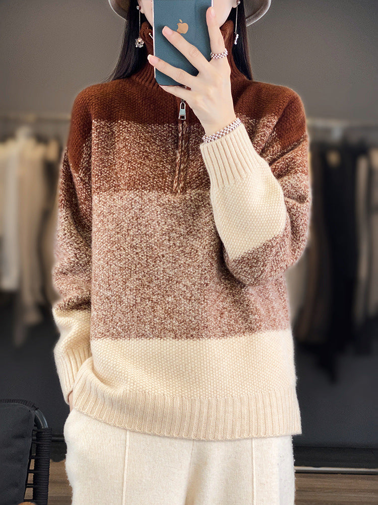Women’s oversized knit pullover with half zip, heathered block stripes and soft fleece Chichicherry