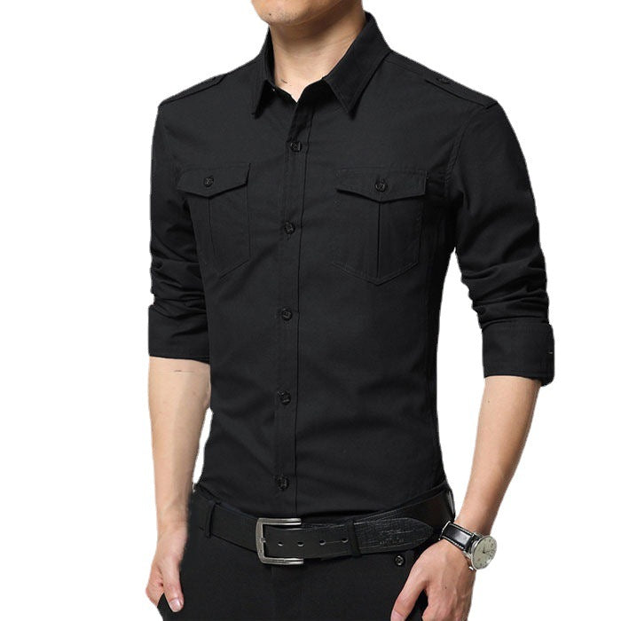 Men's Slim-Fit Cotton-Blend Utility Shirt with Shoulder Flaps and Chest Patch Pockets Chichicherry