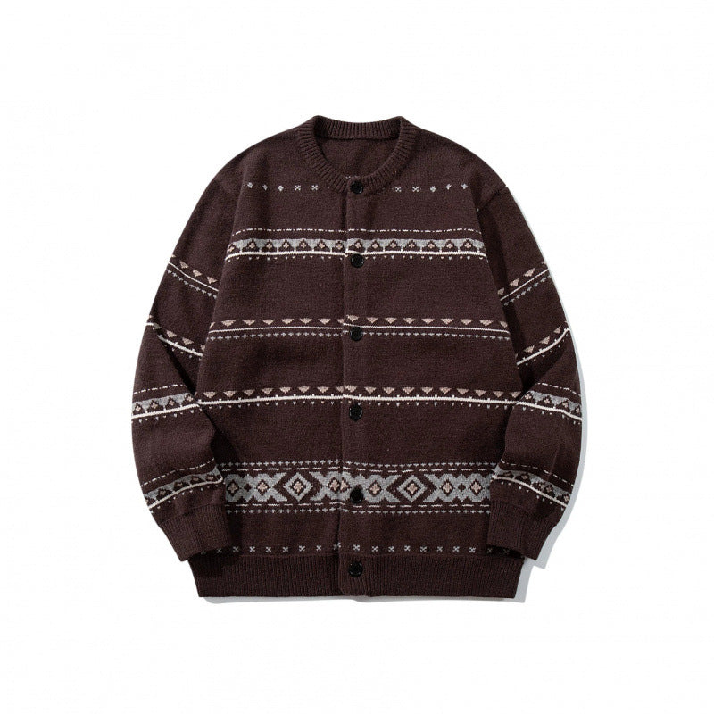 Unisex jacquard knit cardigan in boxy cut with round neck and button placket Chichicherry