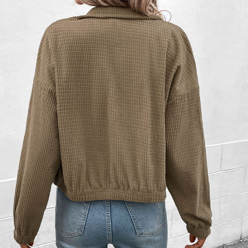 Women's Short-Cut Waffle Structure Transition Jacket with Zipper, Stand Collar and Elastic Cuffs Chichicherry