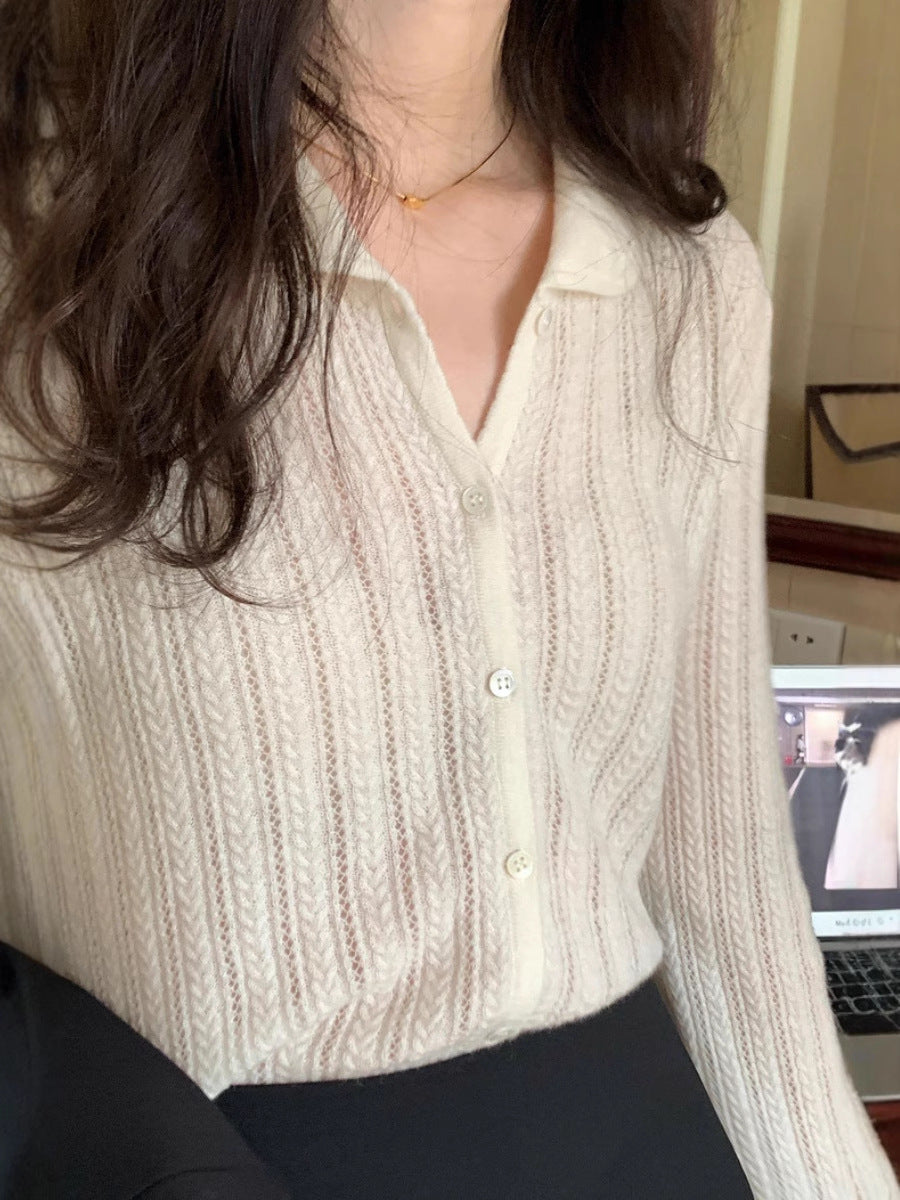 Women Light Ajour Knit Button Cardigan with Shirt Collar and Fine Cable Pattern Structure Chichicherry