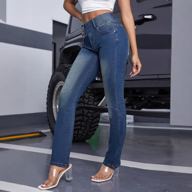 Women High-Waisted Sculpting Jeans with Triple Button Placket and Straight Leg Chichicherry