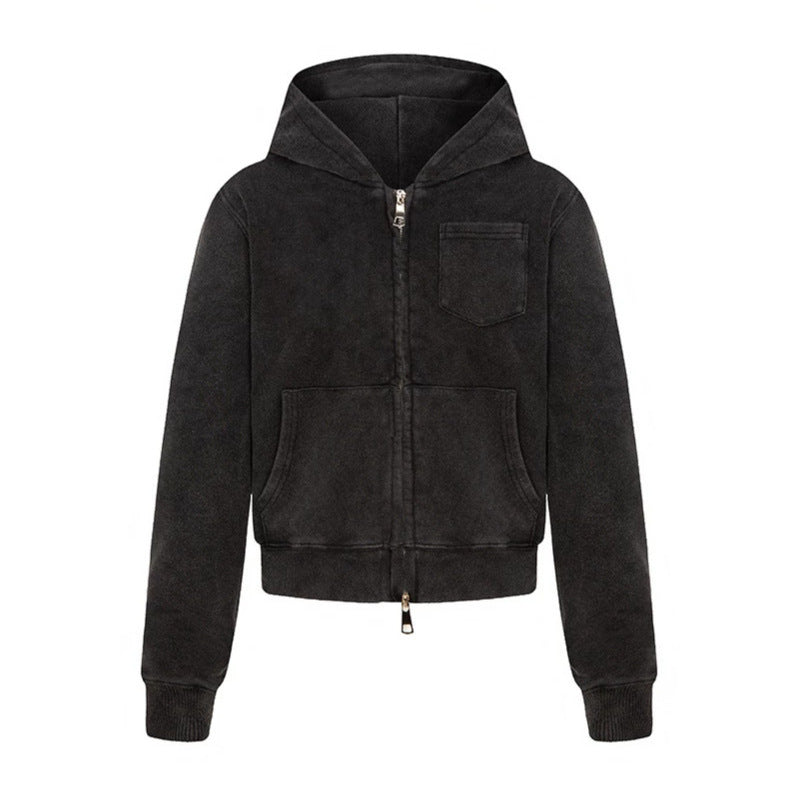 Ladies short-cut hooded zip jacket made of garment-dyed cotton fleece with chest pocket Chichicherry