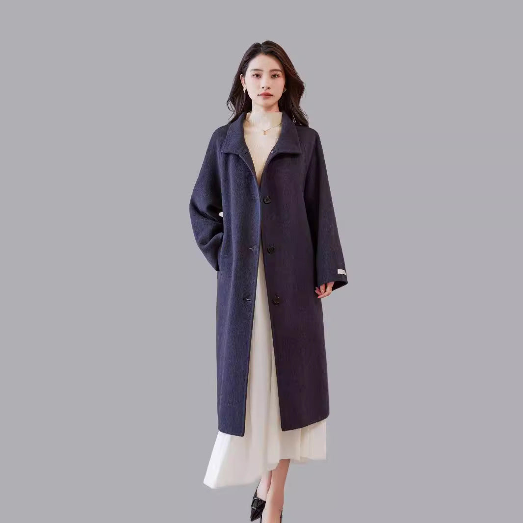 Women's Oversized Wool Coat with Stand-up Collar and Waist Belt Chichicherry