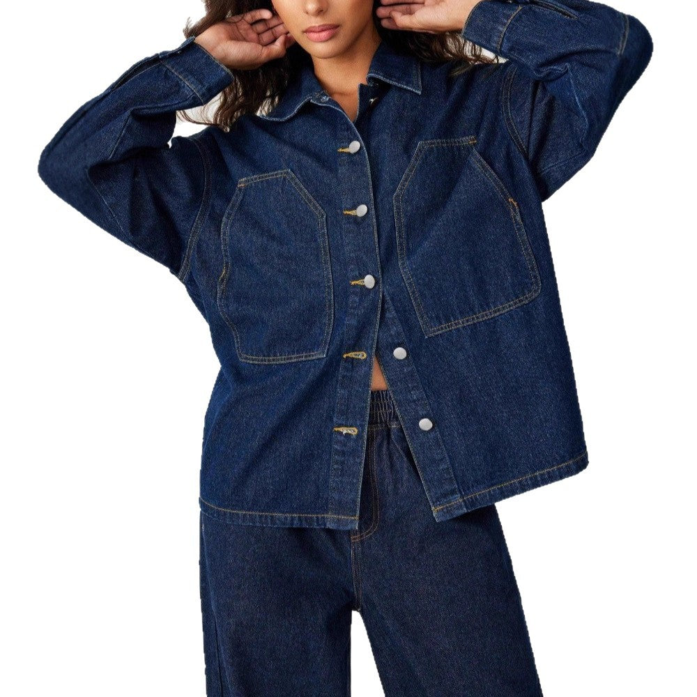 Women's Oversized Denim Jacket with Distinctive Front Pockets and Relaxed Fit Chichicherry
