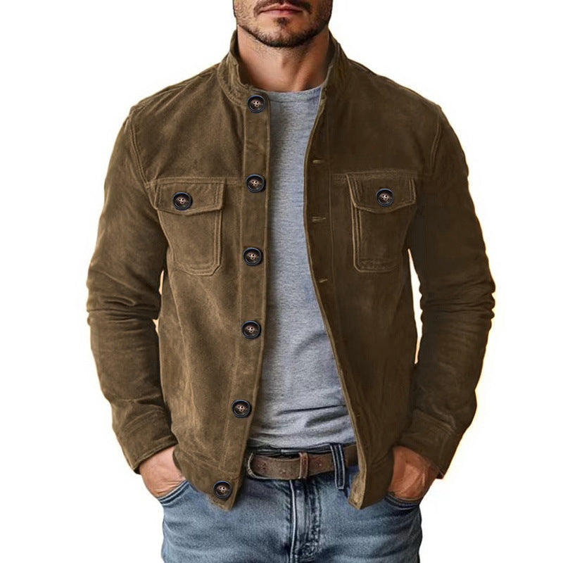 Herren Veloursleder-Fieldjacke mit Stehkragen, Pattentaschen und figurbetonter Schnitt Chichicherry