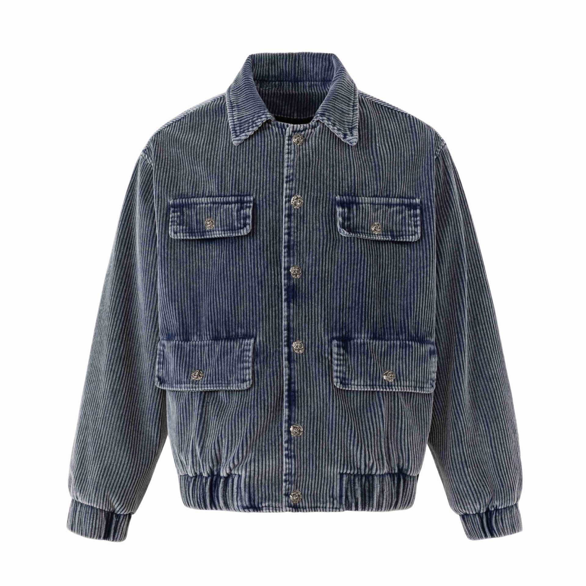 Unisex Short-cut Cord Workwear Jacket in Boxy Cut with Four Flap Pockets and Metal Buttons Chichicherry