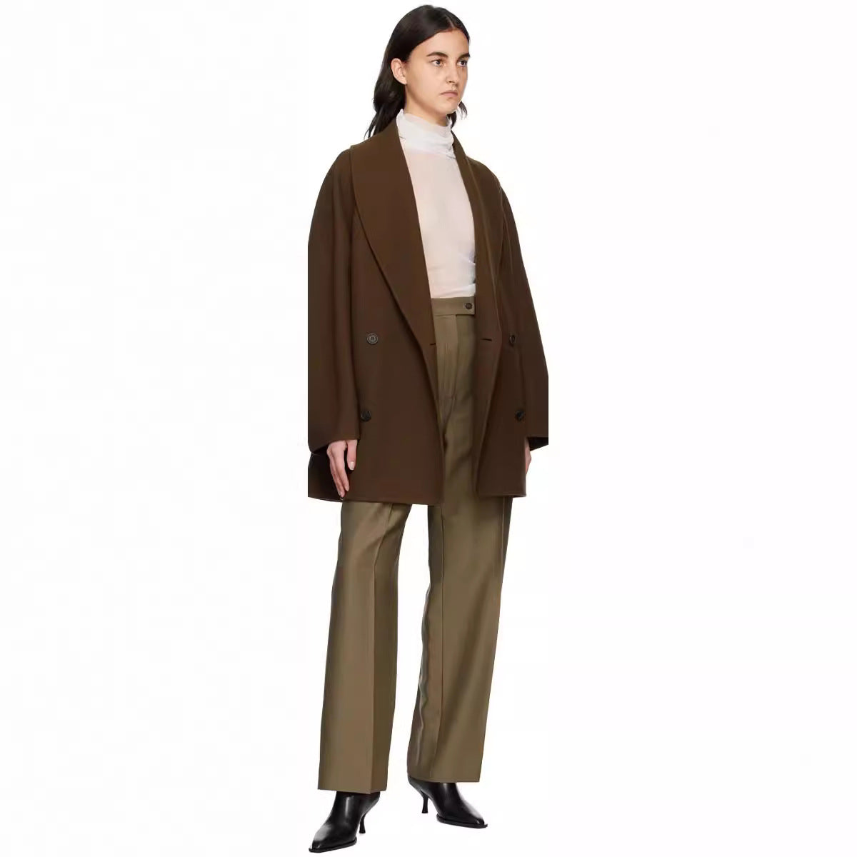 Women Short Cut Oversized Double Breasted Wool Blend Coat with Round Shawl Collar Chichicherry