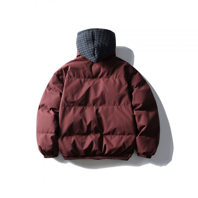 Unisex Padded Puffer Jacket in Boxy Cut with Checkered Insert Hood and High Stand-Up Collar Chichicherry