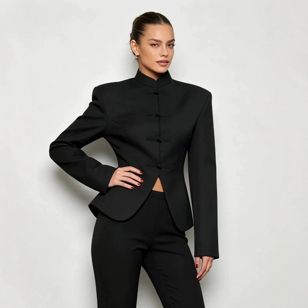 Women's Sculpted Blazer with Stand Collar, Decorative Knot Closures and Tailored Silhouette Chichicherry