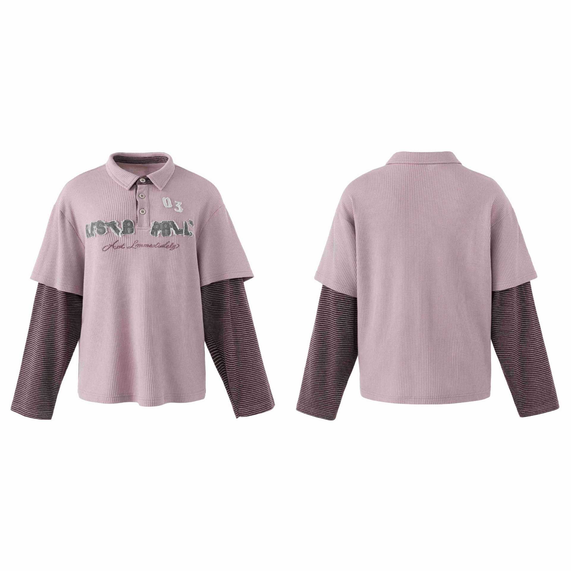 Women's Casual Layered Polo Shirt with Ribbed Texture and Striped Insert Sleeves Chichicherry