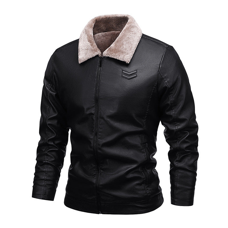 Men's Faux Leather Bomber Jacket with Warming Sherpa Lining and Revere Collar Chichicherry