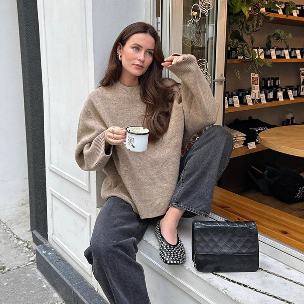 Women Oversized Fine Knit Sweater with Round Neck and Balloon Sleeves Chichicherry