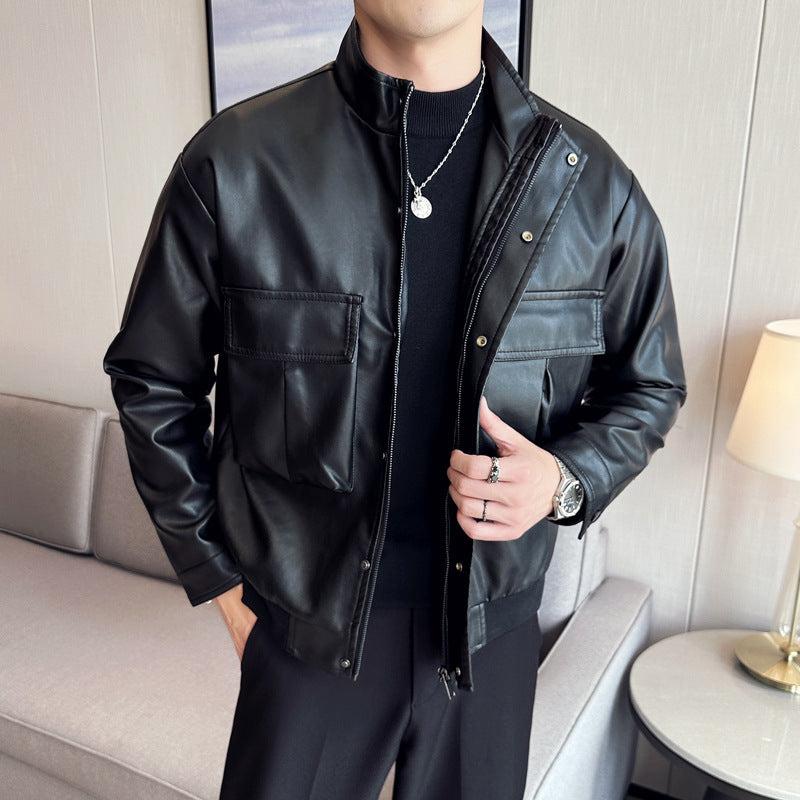 Men's Faux Leather Bomber Jacket with Large Flap Pockets, Stand Collar and Ribbed Hem Chichicherry