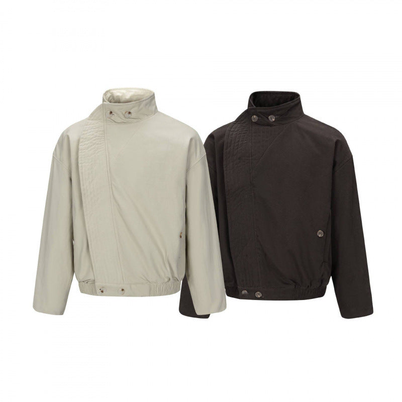 Men's Asymmetric Short Jacket with Stand Collar, Quilted Front Placket and Elastic Hem Chichicherry