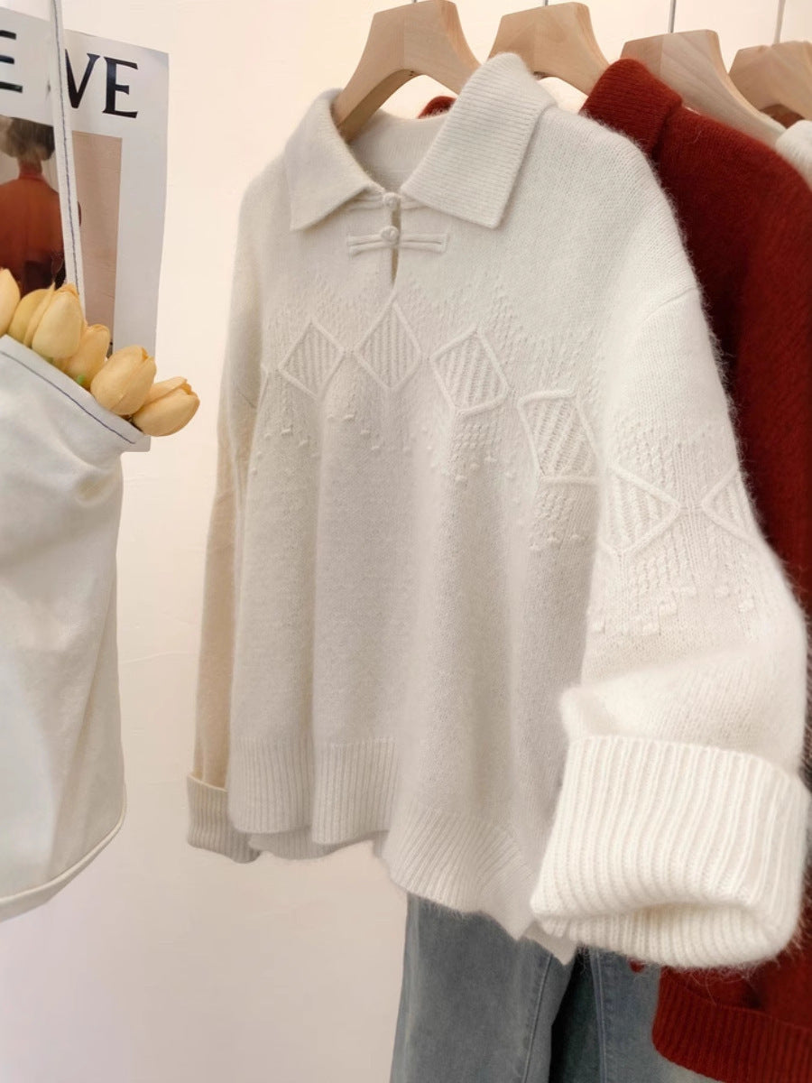 Women's polo collar sweater in mohair look with ajour cable pattern, dropped shoulders and loose silhouette Chichicherry