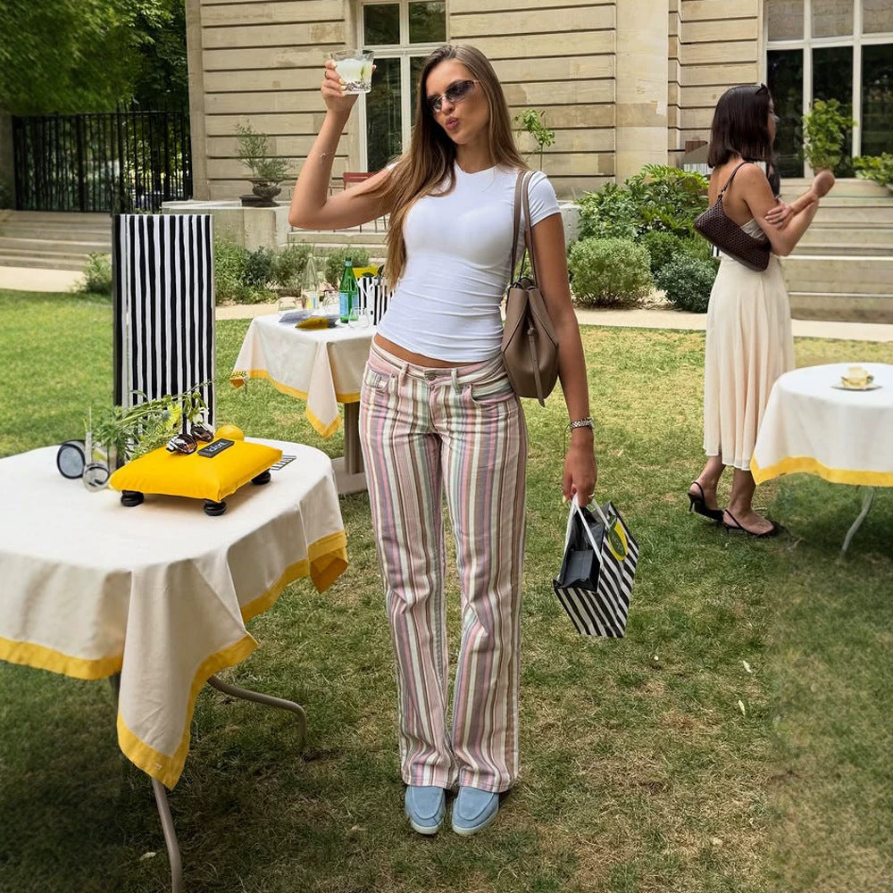 Ladies Striped Linen Trousers with Wide Leg, High Waist and Relaxed Fit Chichicherry