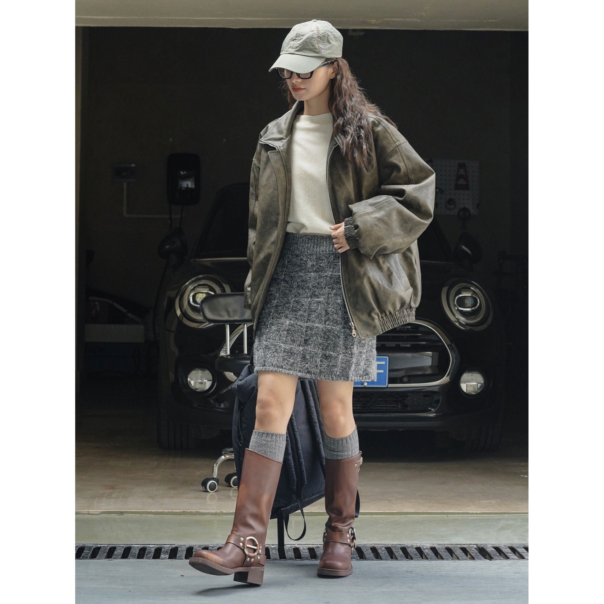 Women's Knitted Check Pattern Mini Skirt with High Waist Chichicherry