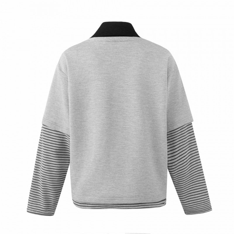 Unisex Oversize Sweatshirt with Layering Polo Collar, Striped Sleeves and Statement Print Chichicherry