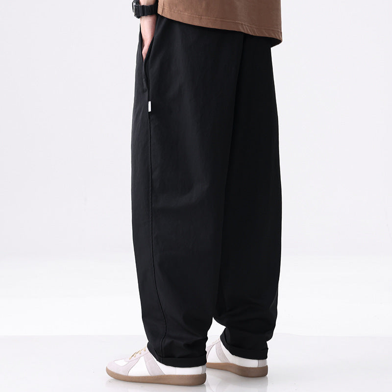 Men's Wide Cotton Blend Cargo Pants with Pleats and Elastic Drawstring Chichicherry