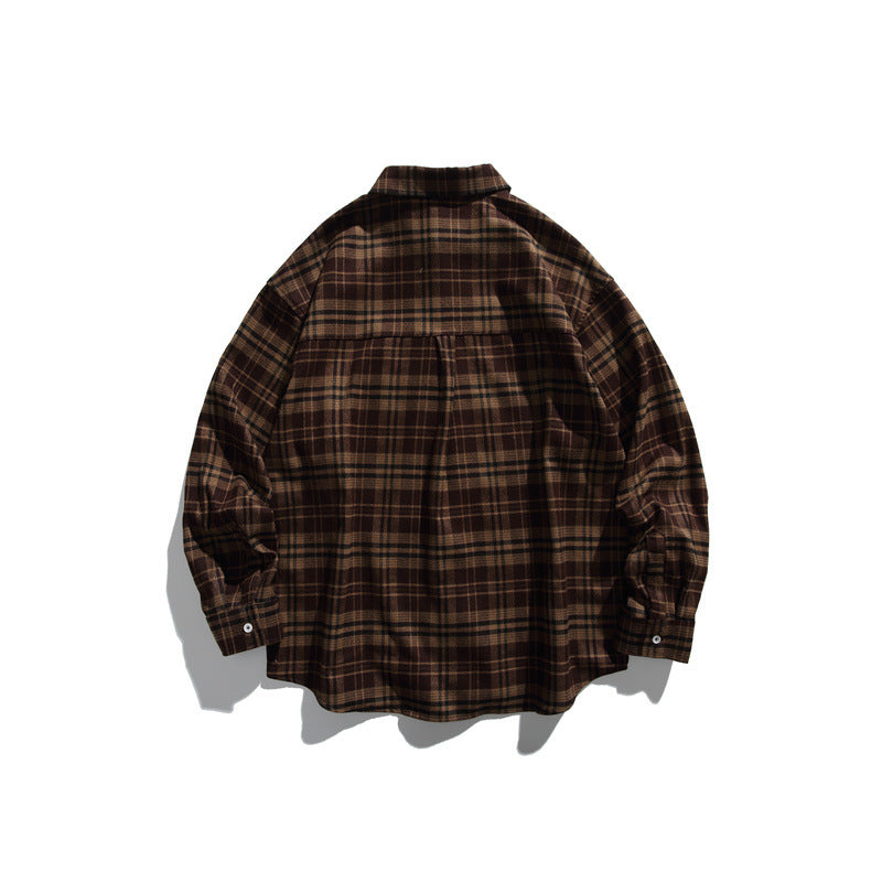 Unisex Loose Check Flannel Shirt in Wide Cut with Raglan Sleeves and Breast Flap Pocket Chichicherry