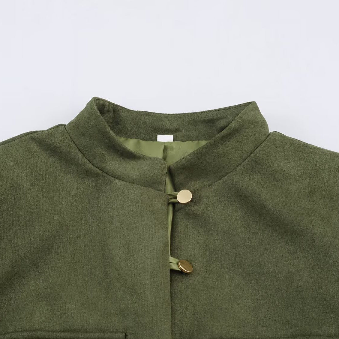 Women's short jacket in Mandarin style made of suede look with patch pockets and decorative buttons Chichicherry