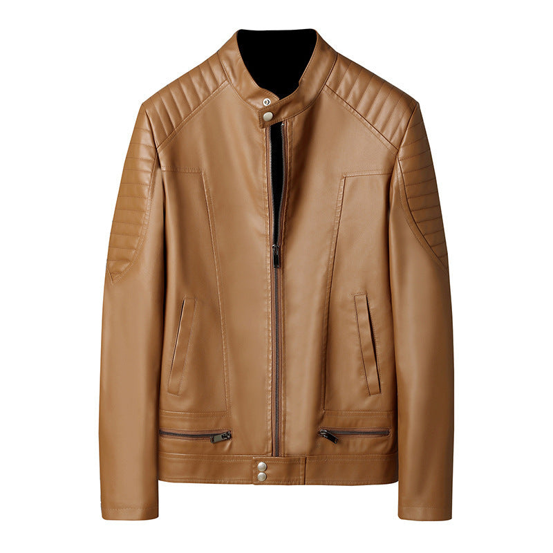 Men's Faux Leather Moto Jacket with Quilted Shoulder, Stand Collar and Zipper Chichicherry