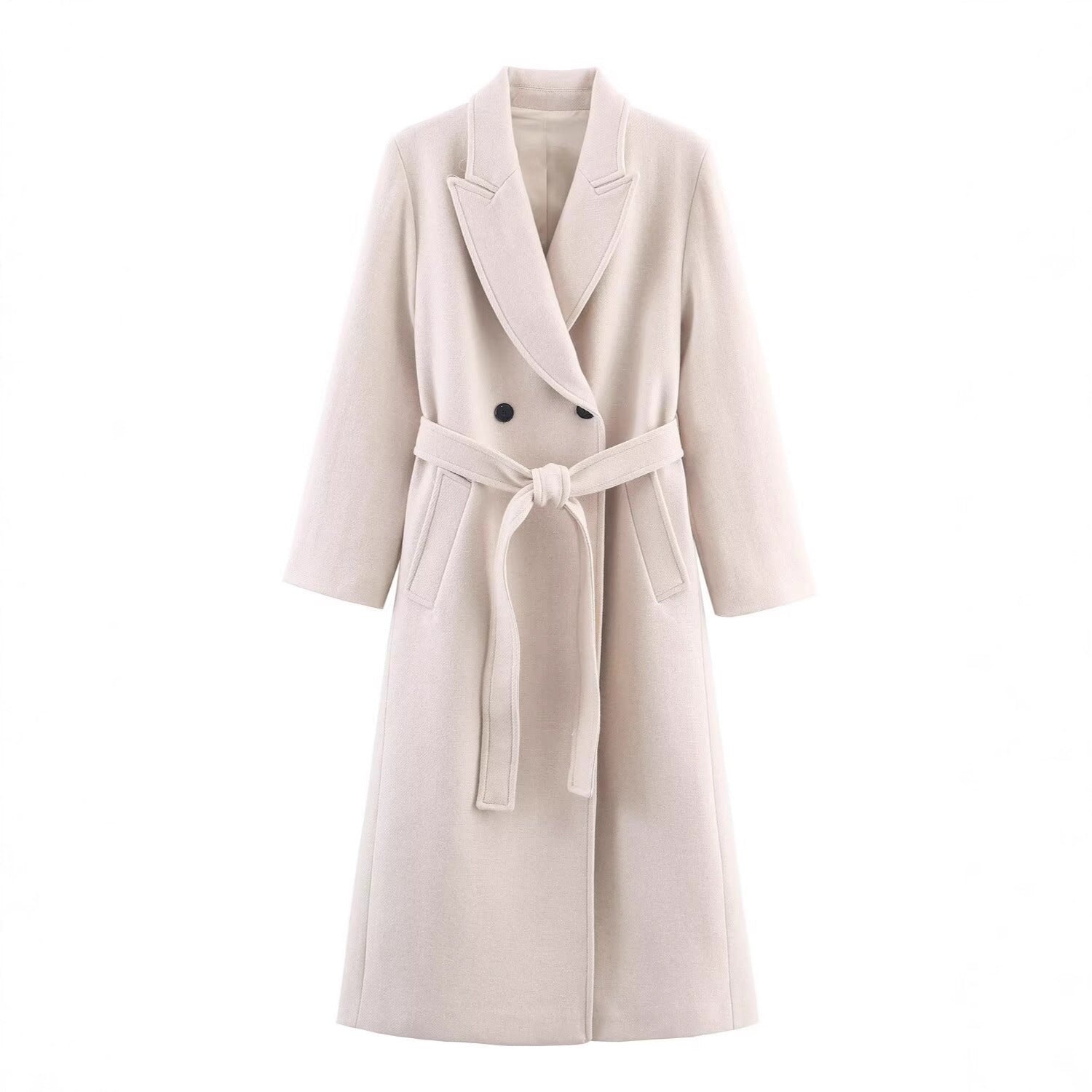 Women Long Tailored Wool Blend Coat with Tie Belt and Lapel Collar Chichicherry