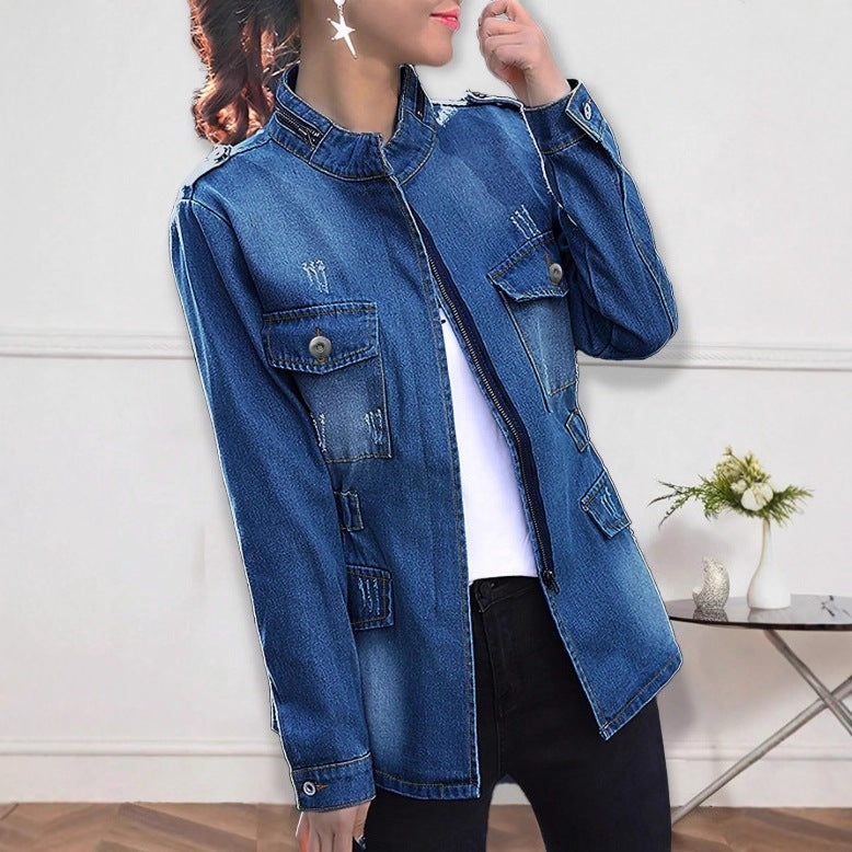 Women tailored denim jacket with stand-up collar, four flap pockets and slightly flared hem Chichicherry