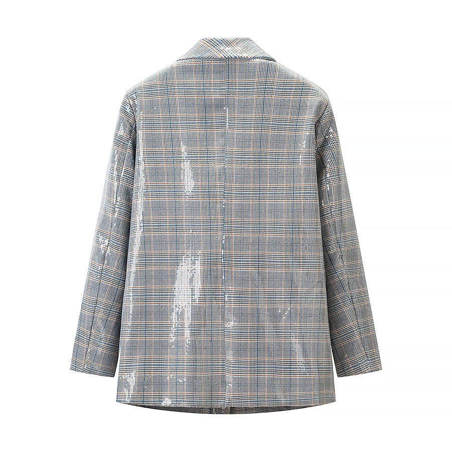 Women's Oversized Glencheck Blazer with single-button placket, flap pockets and subtle sequin embellishment Chichicherry