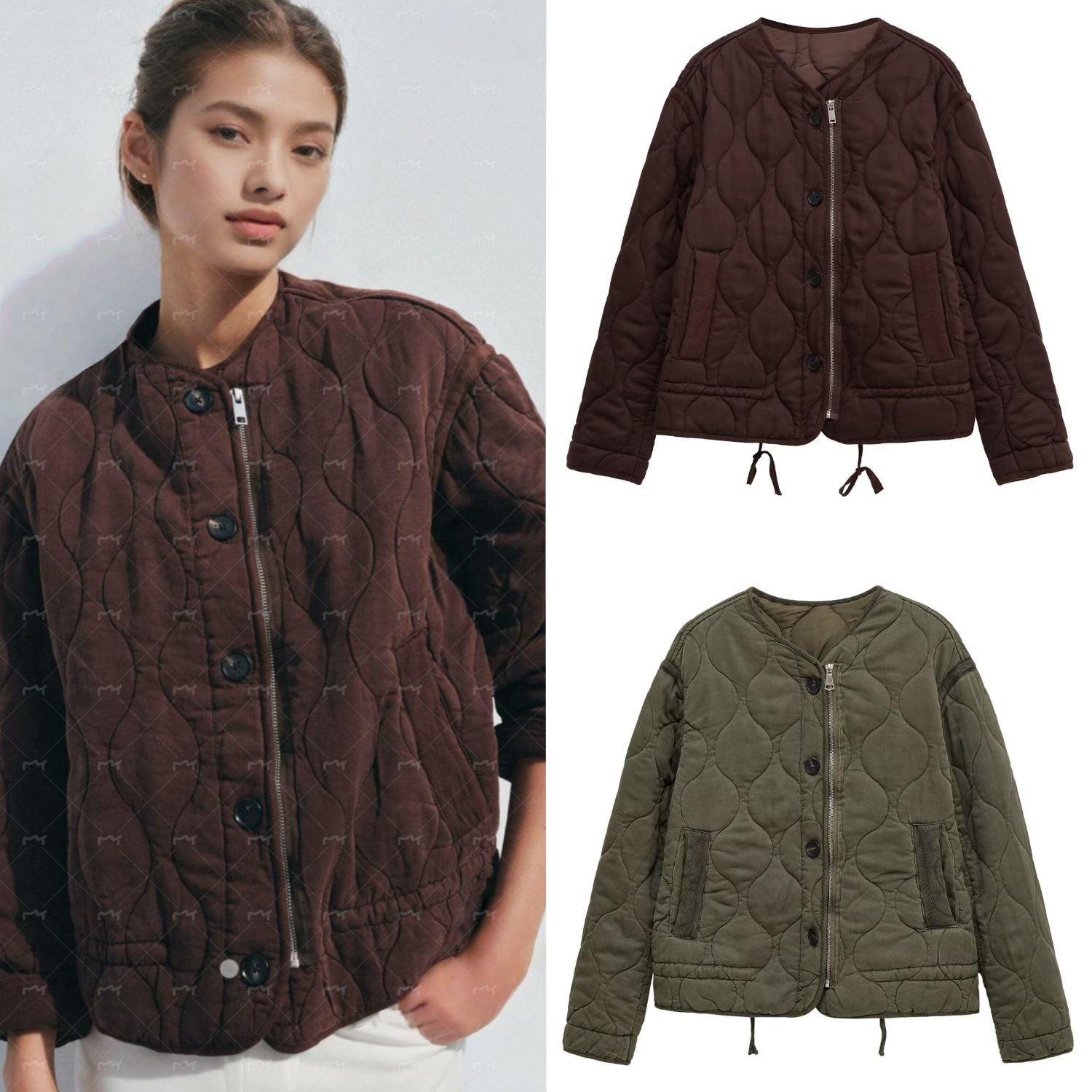 Women quilted transition jacket with zipper and button placket, round neck and drawstring Chichicherry