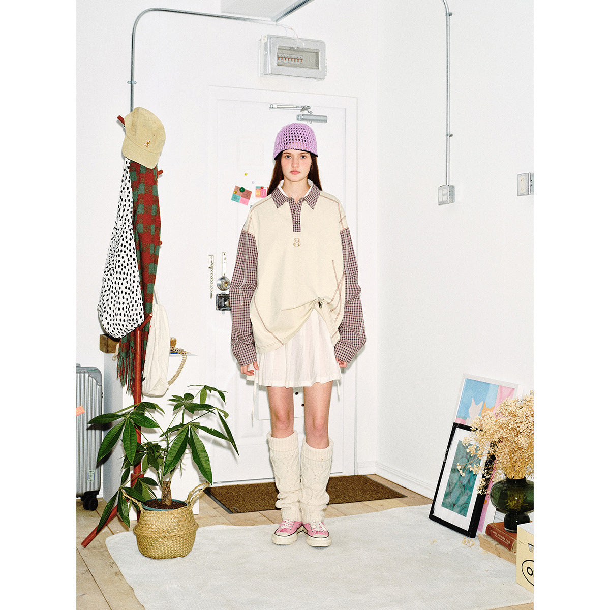 Unisex Oversize Long Sleeve Polo Shirt with Checked Sleeves, Shirt Collar and Decorative Topstitching Chichicherry