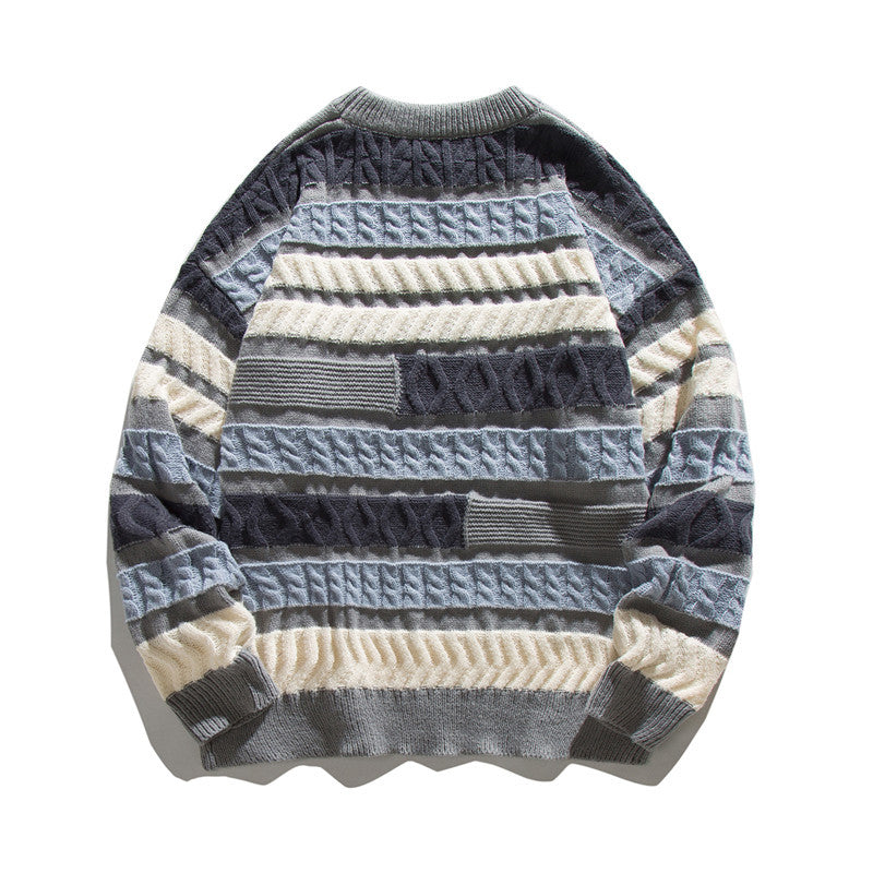 Unisex Oversize Chunky Knit Sweater with Structured Block Stripe Look and Round Neck
